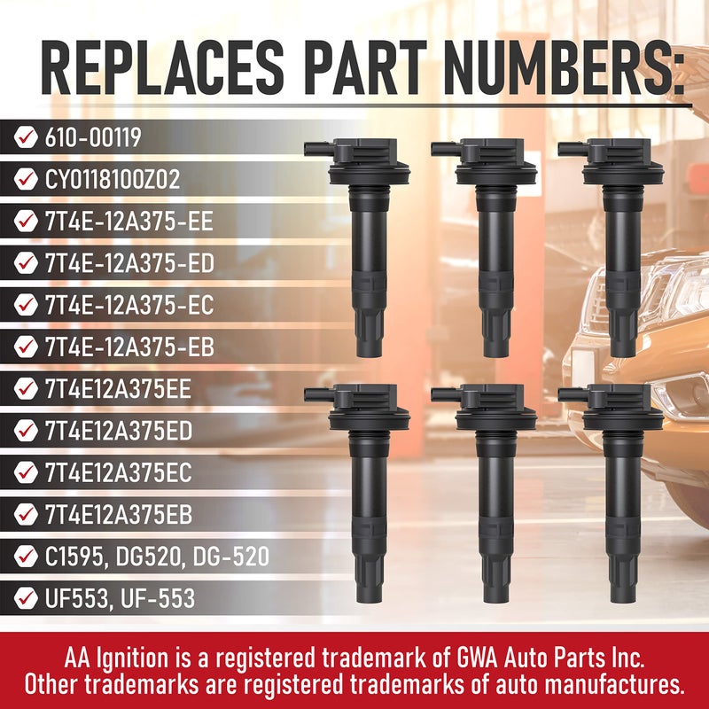 AA Ignition Ignition Coil Pack Set of 6 - Compatible with Ford, Mercury, Mazda & Lincoln Vehicles - 3.5L, 3.7L V6 Edge, F150, Explorer, Mustang, Taurus X, MKZ - Replaces 7T4E-12A375-EE, DG520, 7T4Z12029E, DG-520 - Image 3